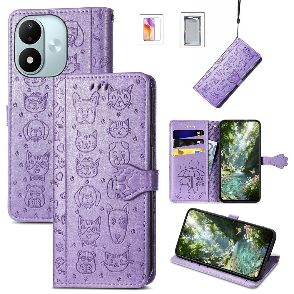 For Xiaomi Redmi Note 17 4G (Global) / Note 17 5G (Global) / Note 17 (India / China) 5G Case with Tempered Glass Screen Protector Cute Cat Dog Pattern PU Leather Wallet Phone Cover