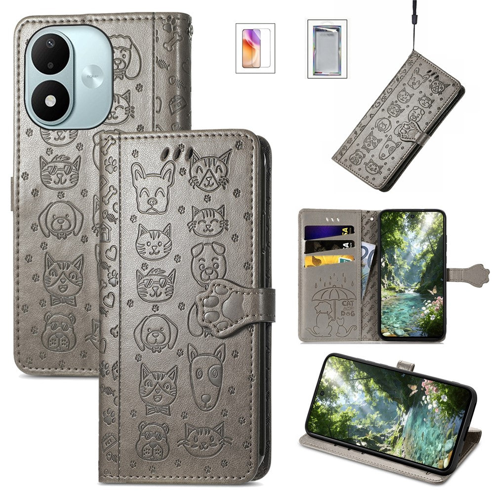For Xiaomi Redmi Note 17 4G (Global) / Note 17 5G (Global) / Note 17 (India / China) 5G Case with Tempered Glass Screen Protector Cute Cat Dog Pattern PU Leather Wallet Phone Cover