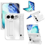 For iPhone Fold Case Kickstand Hinge PC Phone Cover with Tempered Glass Film, Stylus