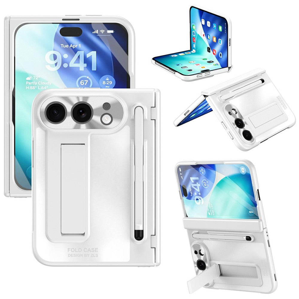 For iPhone Fold Case Kickstand Hinge PC Phone Cover with Tempered Glass Film, Stylus