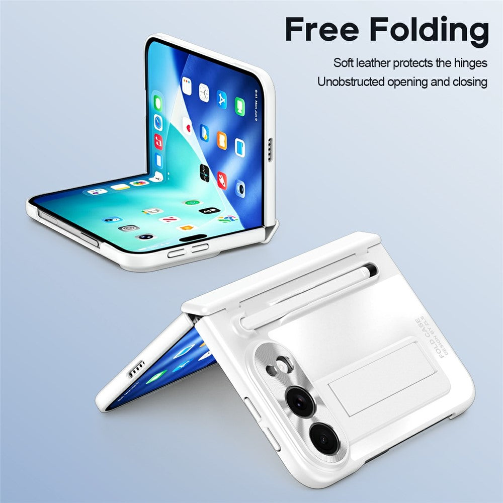 For iPhone Fold Case Kickstand Hinge PC Phone Cover with Tempered Glass Film, Stylus