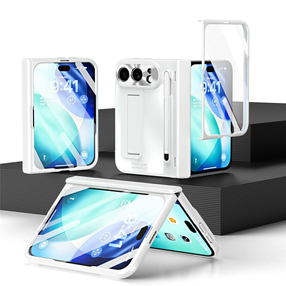 For iPhone Fold Case Kickstand Hinge PC Phone Cover with Tempered Glass Film, Stylus