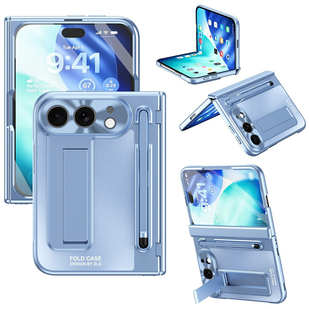 For iPhone Fold Case Kickstand Hinge PC Phone Cover with Tempered Glass Film, Stylus