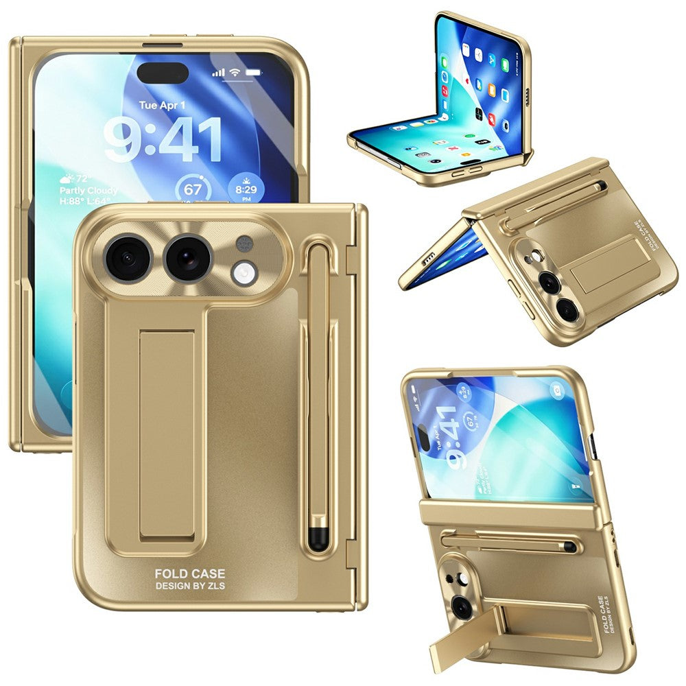 For iPhone Fold Case Kickstand Hinge PC Phone Cover with Tempered Glass Film, Stylus