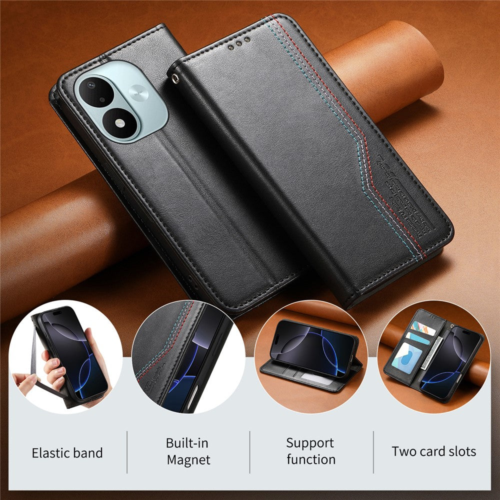 Läderfodral till Xiaomi Redmi Note 17 4G (Global) / Note 17 5G (Global) / Note 17 (Indien/Kina) 5G, trefärgat sömmar, plånboksfodral, inbyggt elastiskt armband med härdat glasfilm