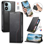 Läderfodral till Xiaomi Redmi Note 17 4G (Global) / Note 17 5G (Global) / Note 17 (Indien/Kina) 5G, trefärgat sömmar, plånboksfodral, inbyggt elastiskt armband med härdat glasfilm