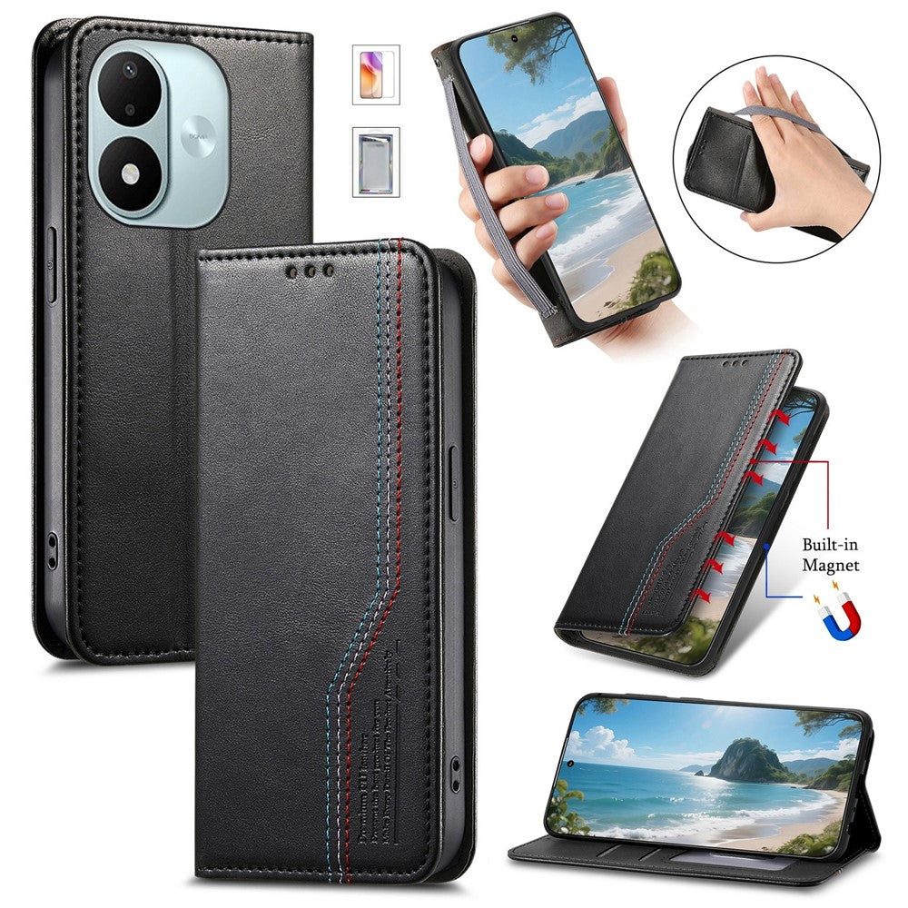 Läderfodral till Xiaomi Redmi Note 17 4G (Global) / Note 17 5G (Global) / Note 17 (Indien/Kina) 5G, trefärgat sömmar, plånboksfodral, inbyggt elastiskt armband med härdat glasfilm
