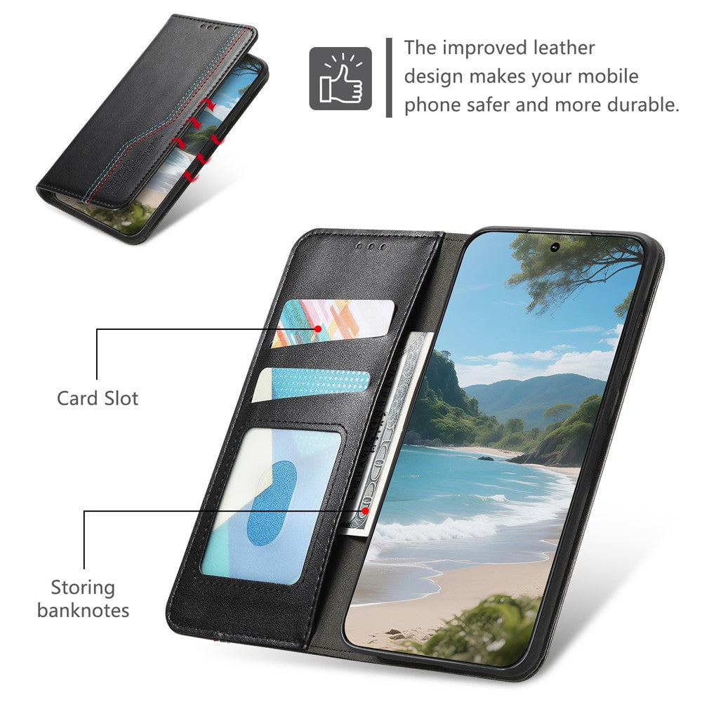 Läderfodral till Xiaomi Redmi Note 17 4G (Global) / Note 17 5G (Global) / Note 17 (Indien/Kina) 5G, trefärgat sömmar, plånboksfodral, inbyggt elastiskt armband med härdat glasfilm