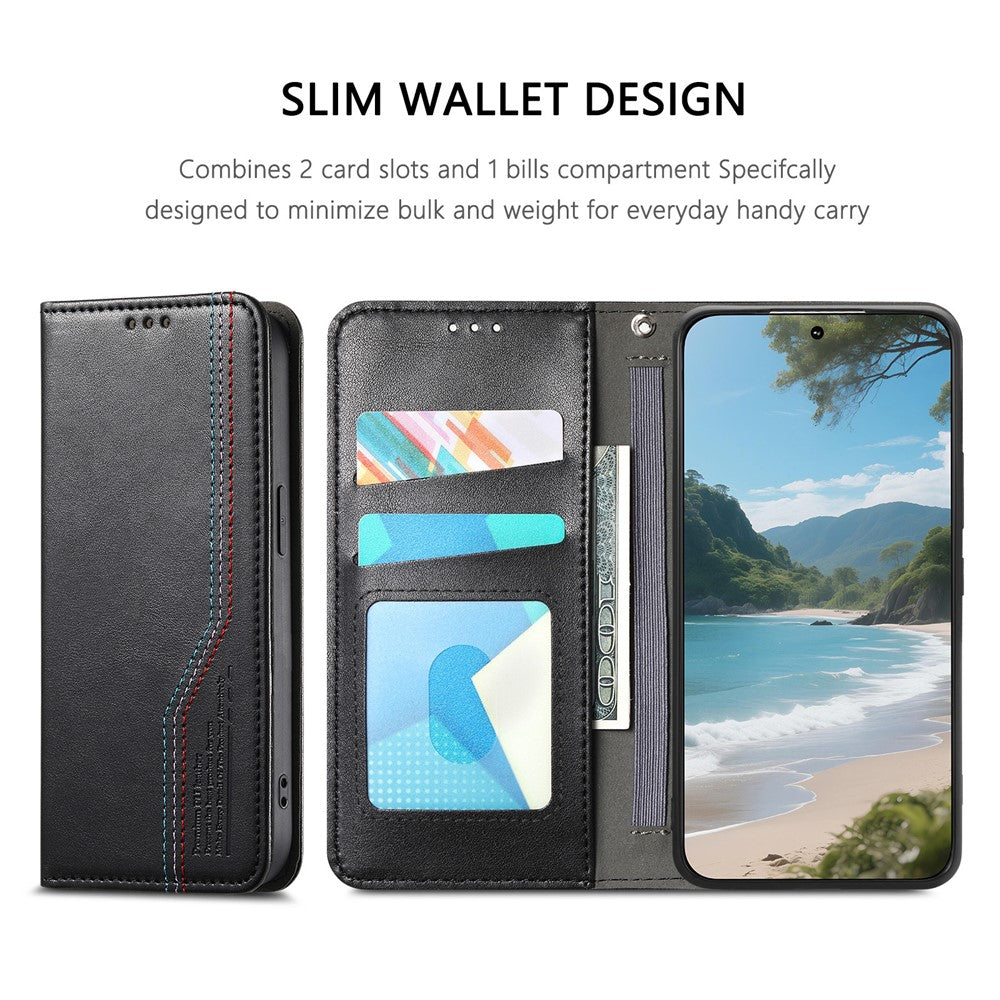 Läderfodral till Xiaomi Redmi Note 17 4G (Global) / Note 17 5G (Global) / Note 17 (Indien/Kina) 5G, trefärgat sömmar, plånboksfodral, inbyggt elastiskt armband med härdat glasfilm