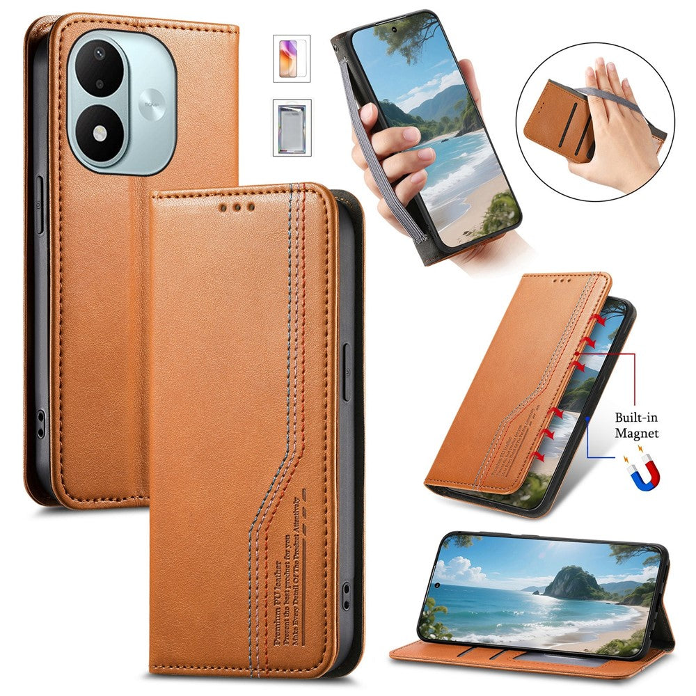 Läderfodral till Xiaomi Redmi Note 17 4G (Global) / Note 17 5G (Global) / Note 17 (Indien/Kina) 5G, trefärgat sömmar, plånboksfodral, inbyggt elastiskt armband med härdat glasfilm