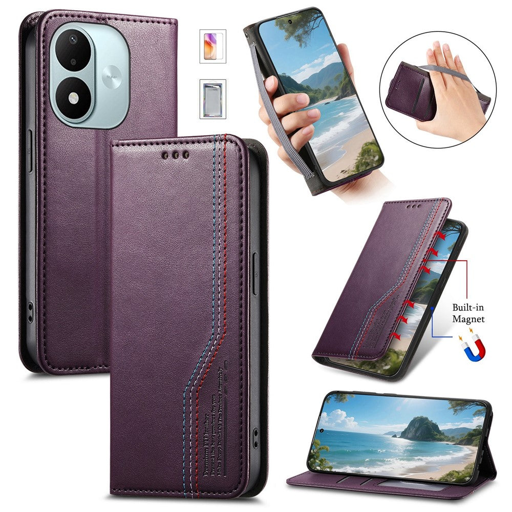 Läderfodral till Xiaomi Redmi Note 17 4G (Global) / Note 17 5G (Global) / Note 17 (Indien/Kina) 5G, trefärgat sömmar, plånboksfodral, inbyggt elastiskt armband med härdat glasfilm
