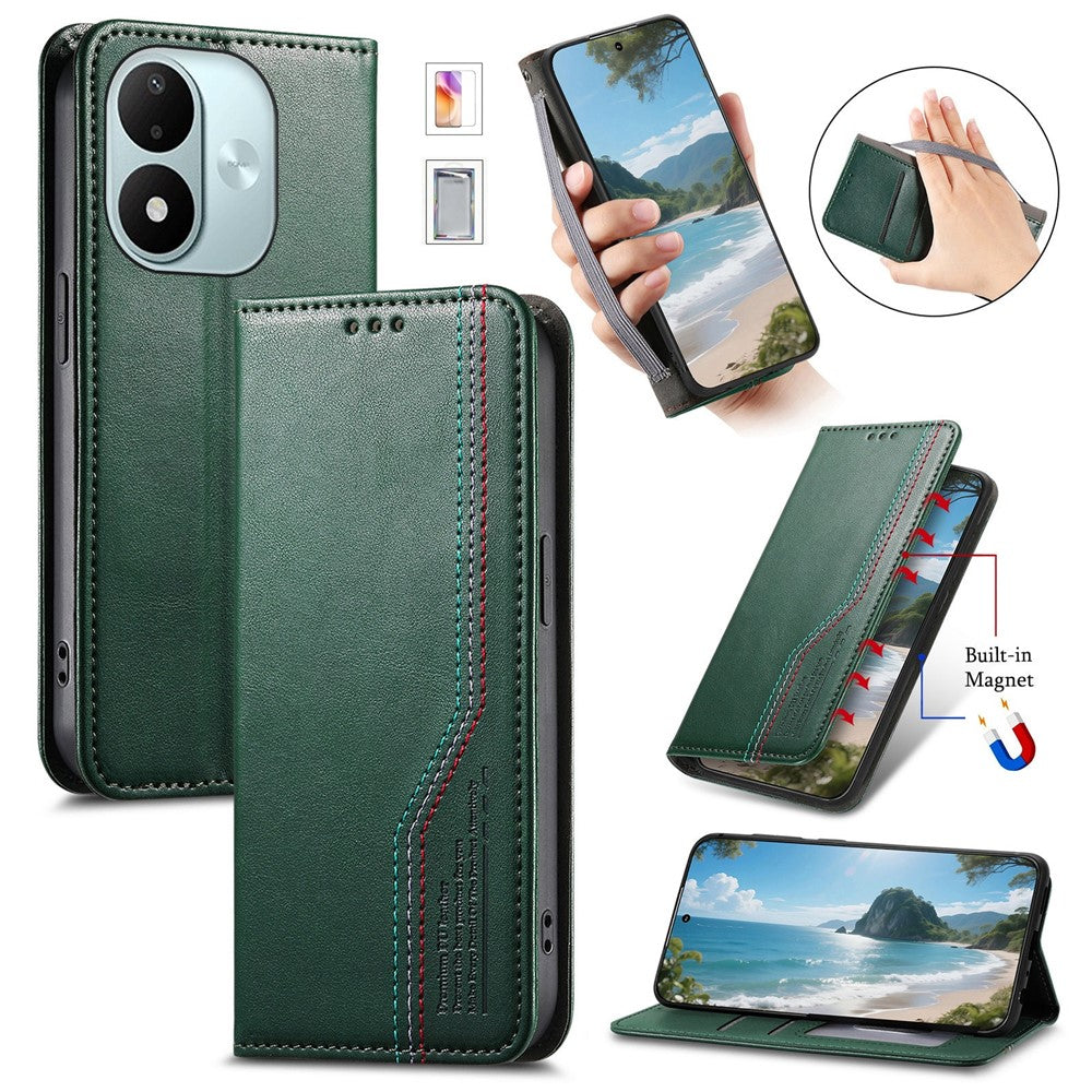Läderfodral till Xiaomi Redmi Note 17 4G (Global) / Note 17 5G (Global) / Note 17 (Indien/Kina) 5G, trefärgat sömmar, plånboksfodral, inbyggt elastiskt armband med härdat glasfilm