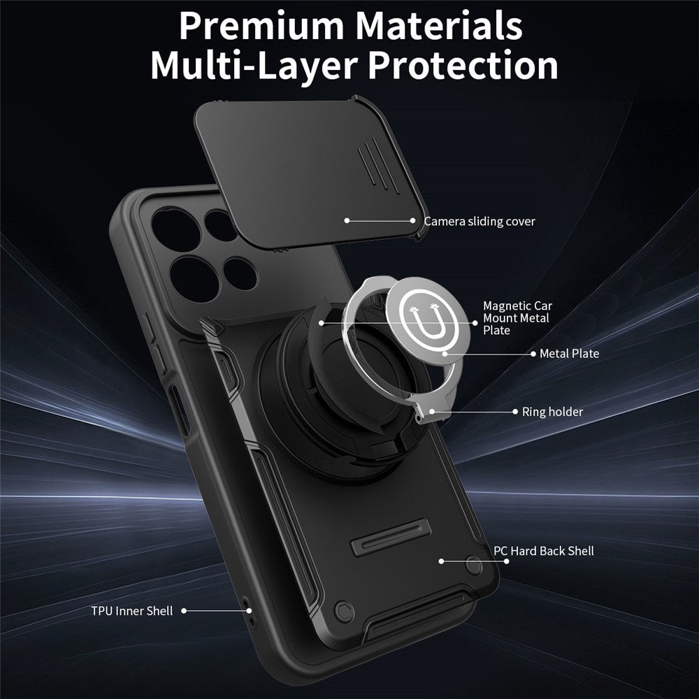 For Xiaomi Redmi 17 4G / 5G Case with Slide Camera Cover Ring Kickstand PC + TPU Phone Shell