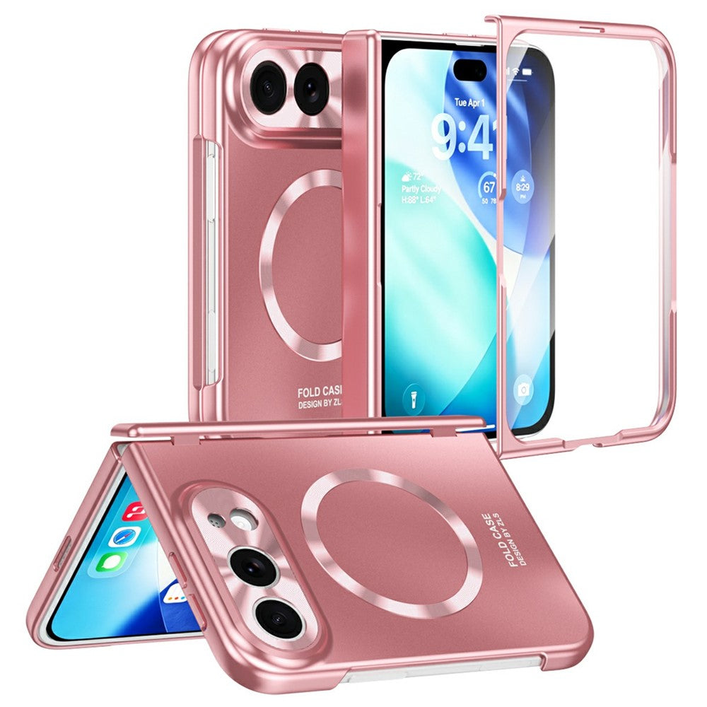 For iPhone Fold Magnetic Case Electroplated PC Shockproof Protective Cover with Tempered Glass Film