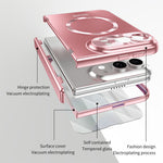 For iPhone Fold Magnetic Case Electroplated PC Shockproof Protective Cover with Tempered Glass Film