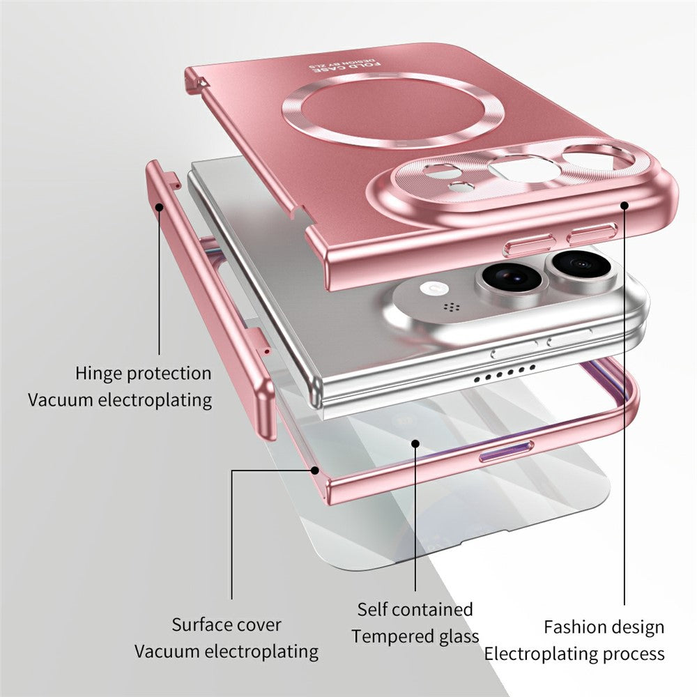 For iPhone Fold Magnetic Case Electroplated PC Shockproof Protective Cover with Tempered Glass Film
