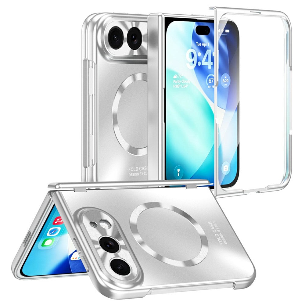 For iPhone Fold Magnetic Case Electroplated PC Shockproof Protective Cover with Tempered Glass Film