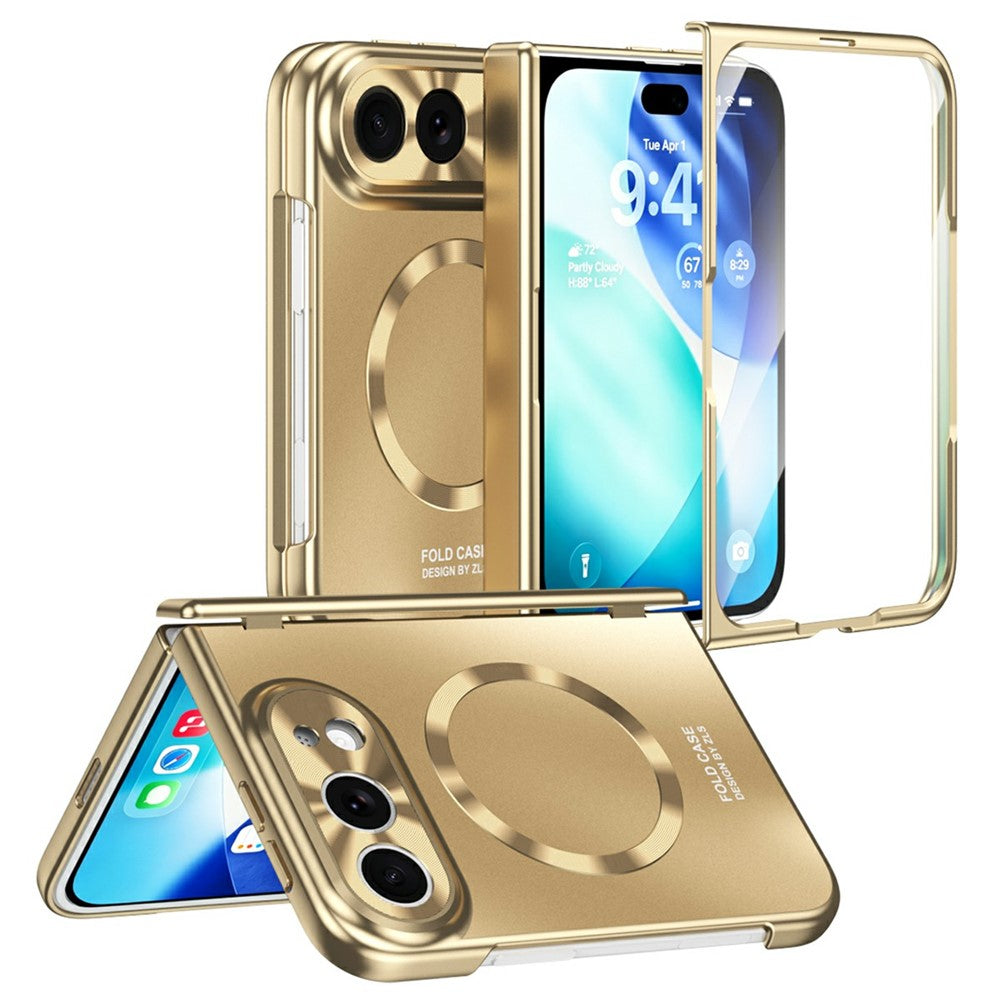 For iPhone Fold Magnetic Case Electroplated PC Shockproof Protective Cover with Tempered Glass Film