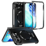 For iPhone Fold Magnetic Case Electroplated PC Shockproof Protective Cover with Tempered Glass Film