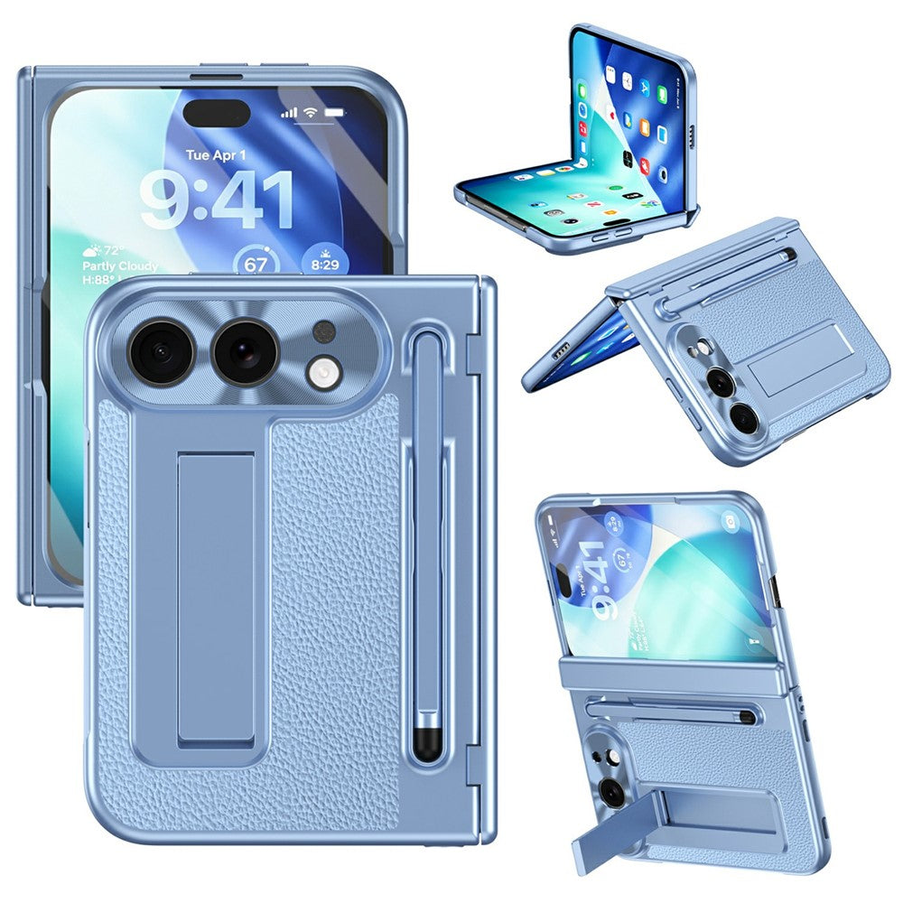 For iPhone Fold Case Kickstand Leather PC Phone Cover with Tempered Glass Film with Stylus