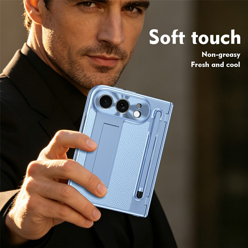 For iPhone Fold Case Kickstand Leather PC Phone Cover with Tempered Glass Film with Stylus