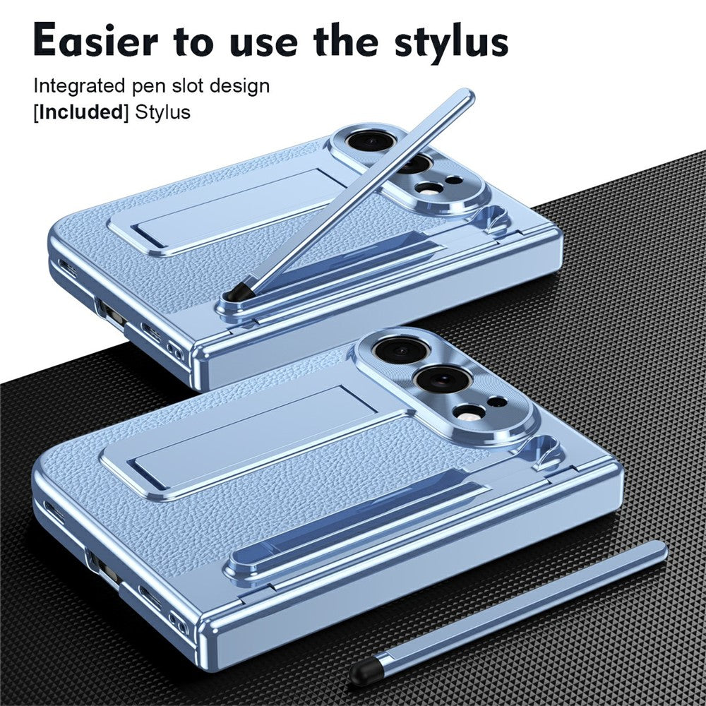 For iPhone Fold Case Kickstand Leather PC Phone Cover with Tempered Glass Film with Stylus
