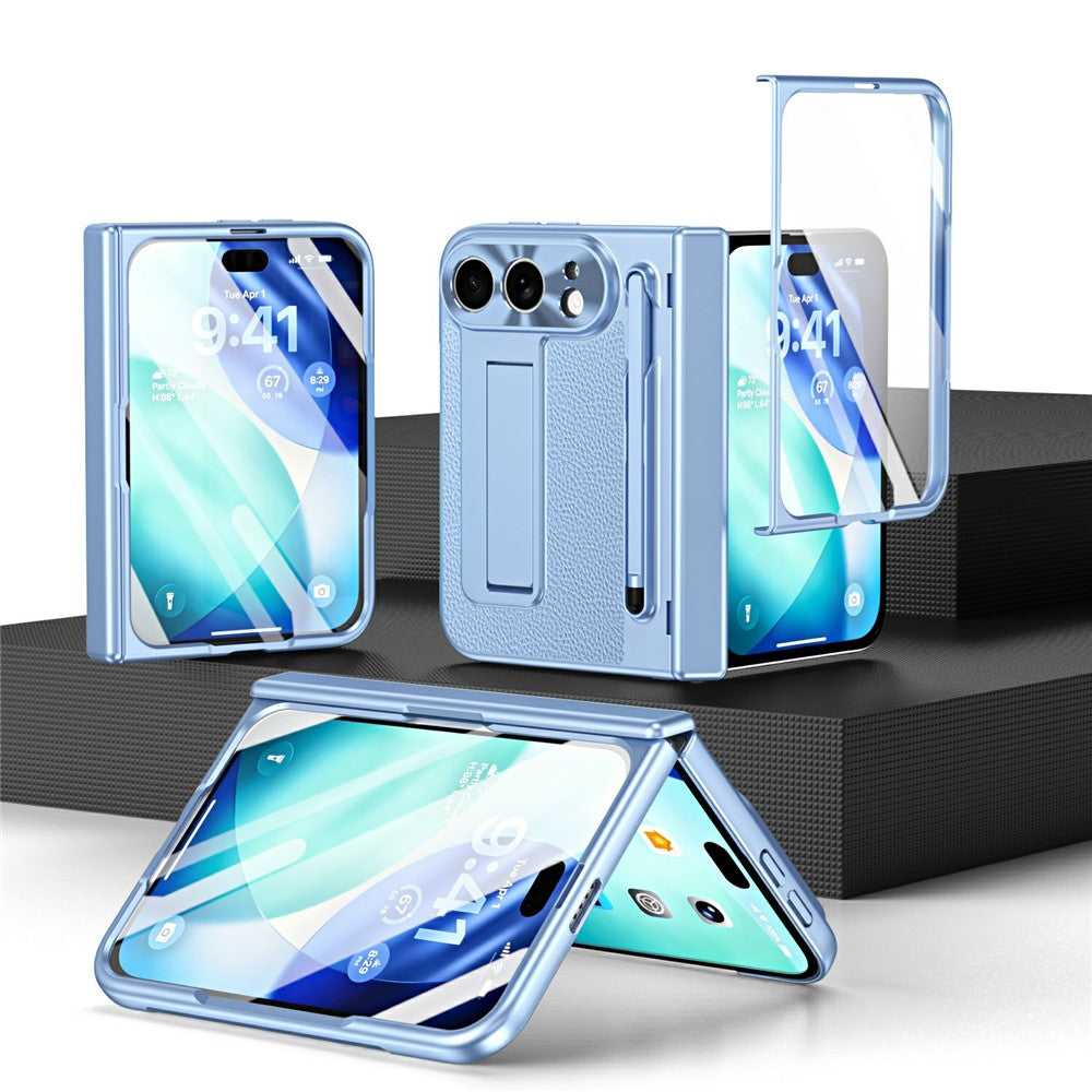 For iPhone Fold Case Kickstand Leather PC Phone Cover with Tempered Glass Film with Stylus