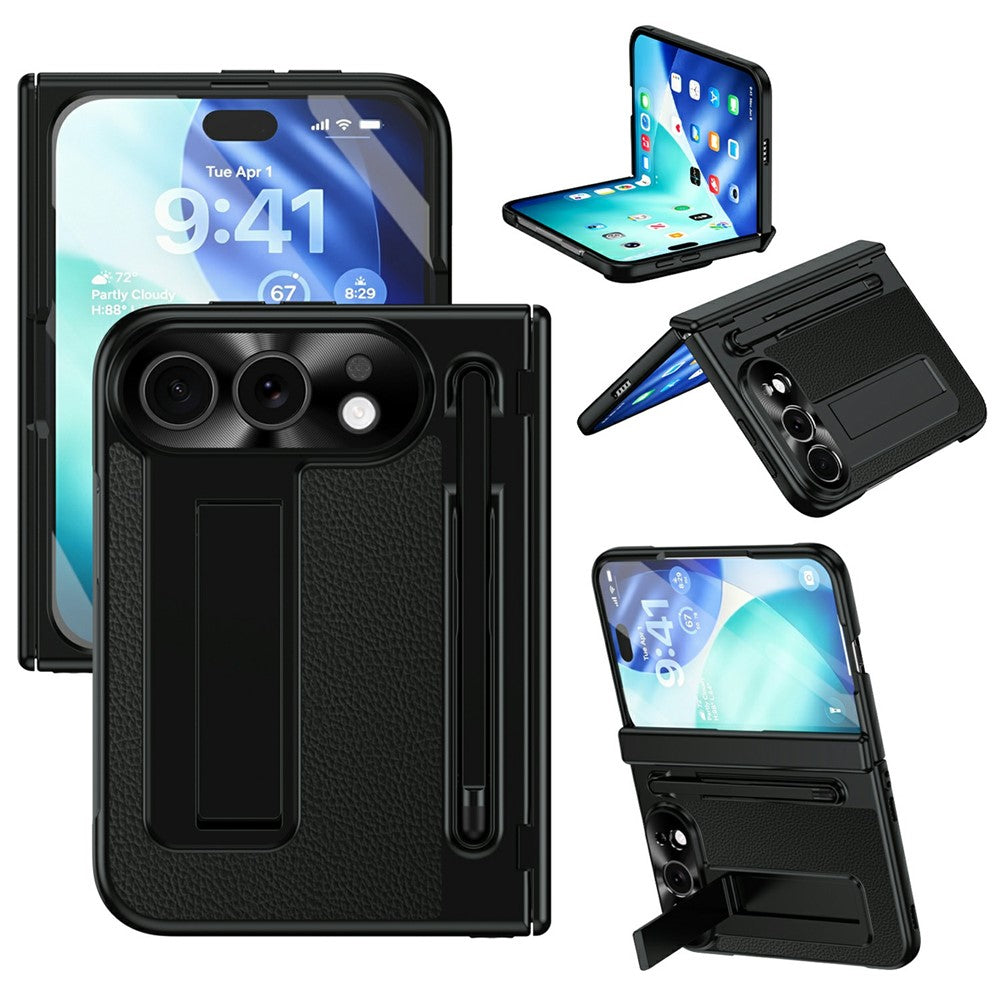 For iPhone Fold Case Kickstand Leather PC Phone Cover with Tempered Glass Film with Stylus