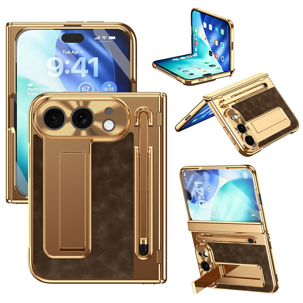For iPhone Fold Case Kickstand Leather PC Phone Cover with Tempered Glass Film with Stylus