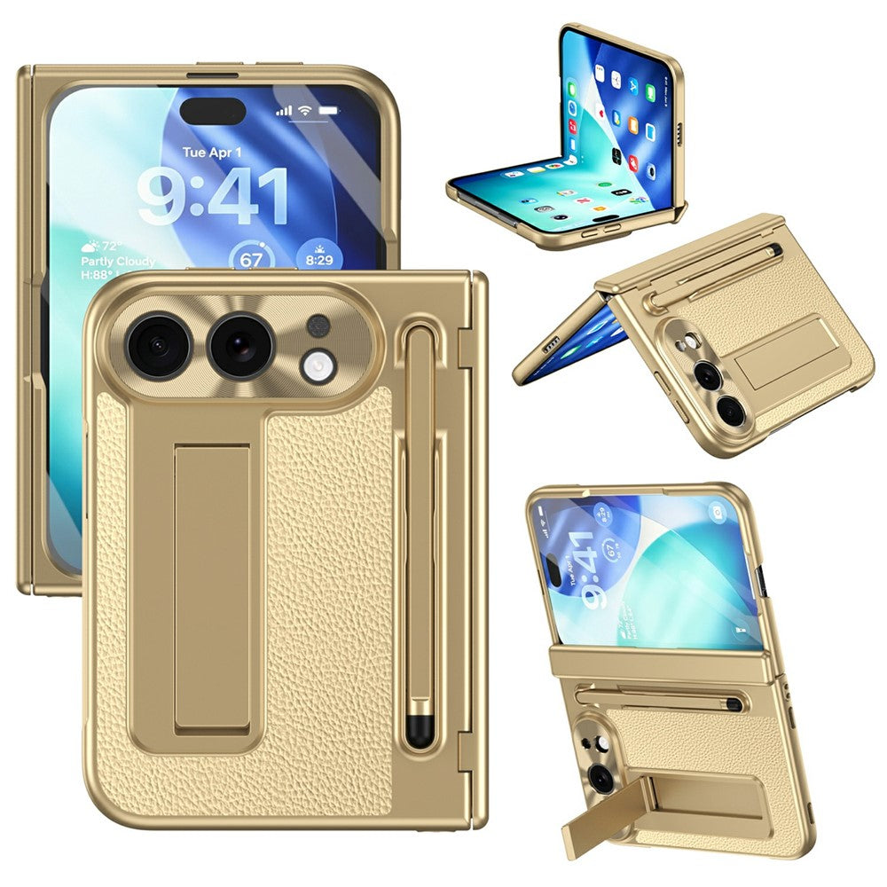 For iPhone Fold Case Kickstand Leather PC Phone Cover with Tempered Glass Film with Stylus