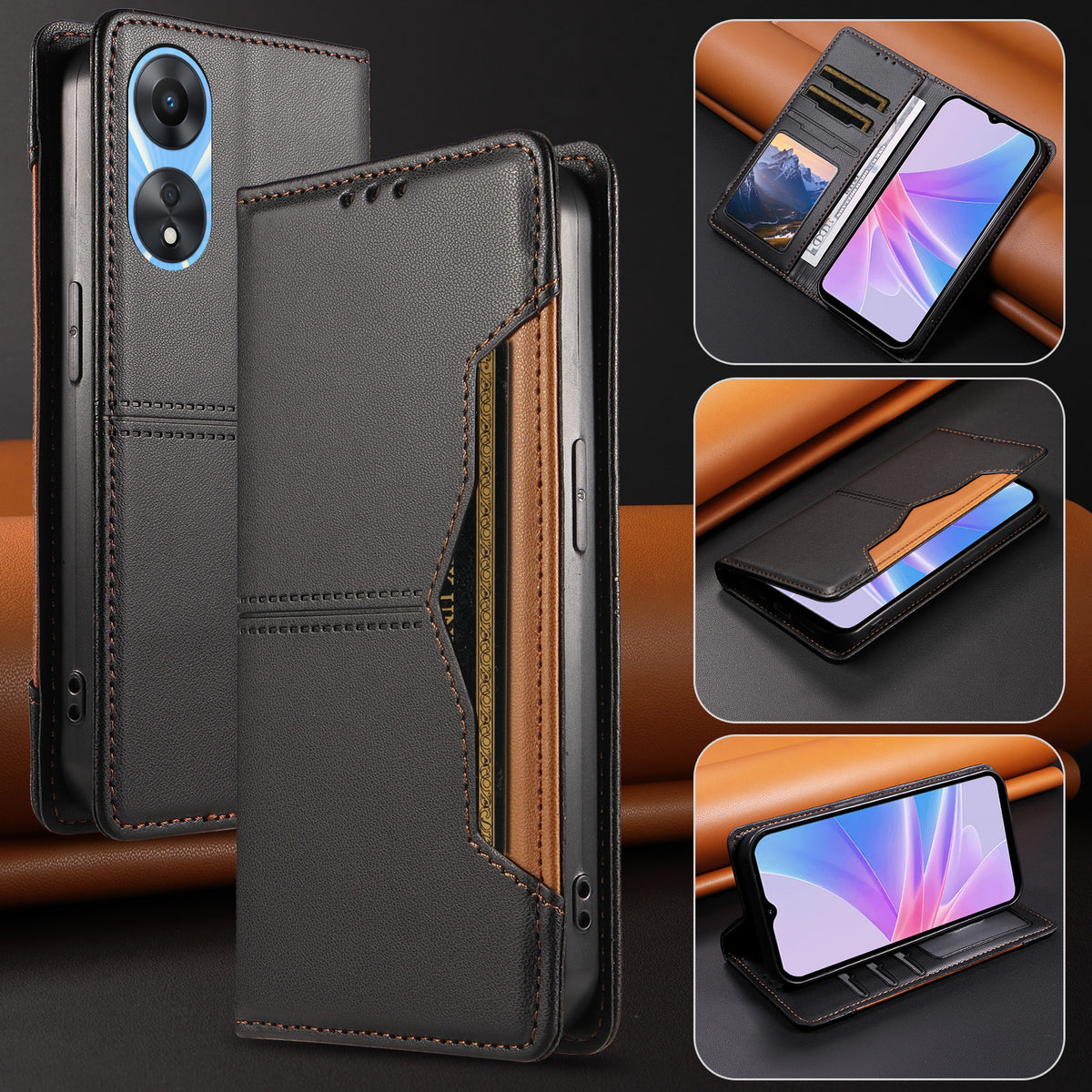 Oppo A58x 5G / Oppo A78 5G / Oppo A1x 5G / Oppo A2x 5G / Oppo A58 5G Plånboksfodral Extern kortplats Magnetisk stängning Lädermobilskal