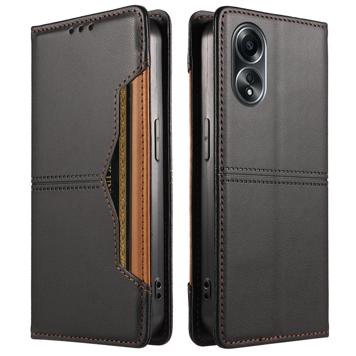 Oppo A58 4G pung-etui i læder med ekstern kortlomme og magnetisk lukning