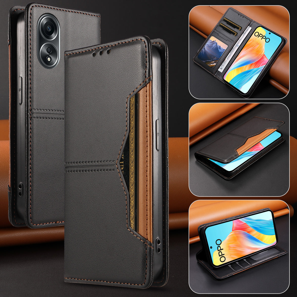 Oppo A58 4G pung-etui i læder med ekstern kortlomme og magnetisk lukning
