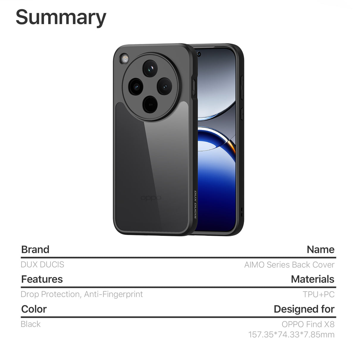 DUX DUCIS for Oppo Find X8 5G Aimo Series PC + TPU Clear Back Phone Cover (REACH Certification)