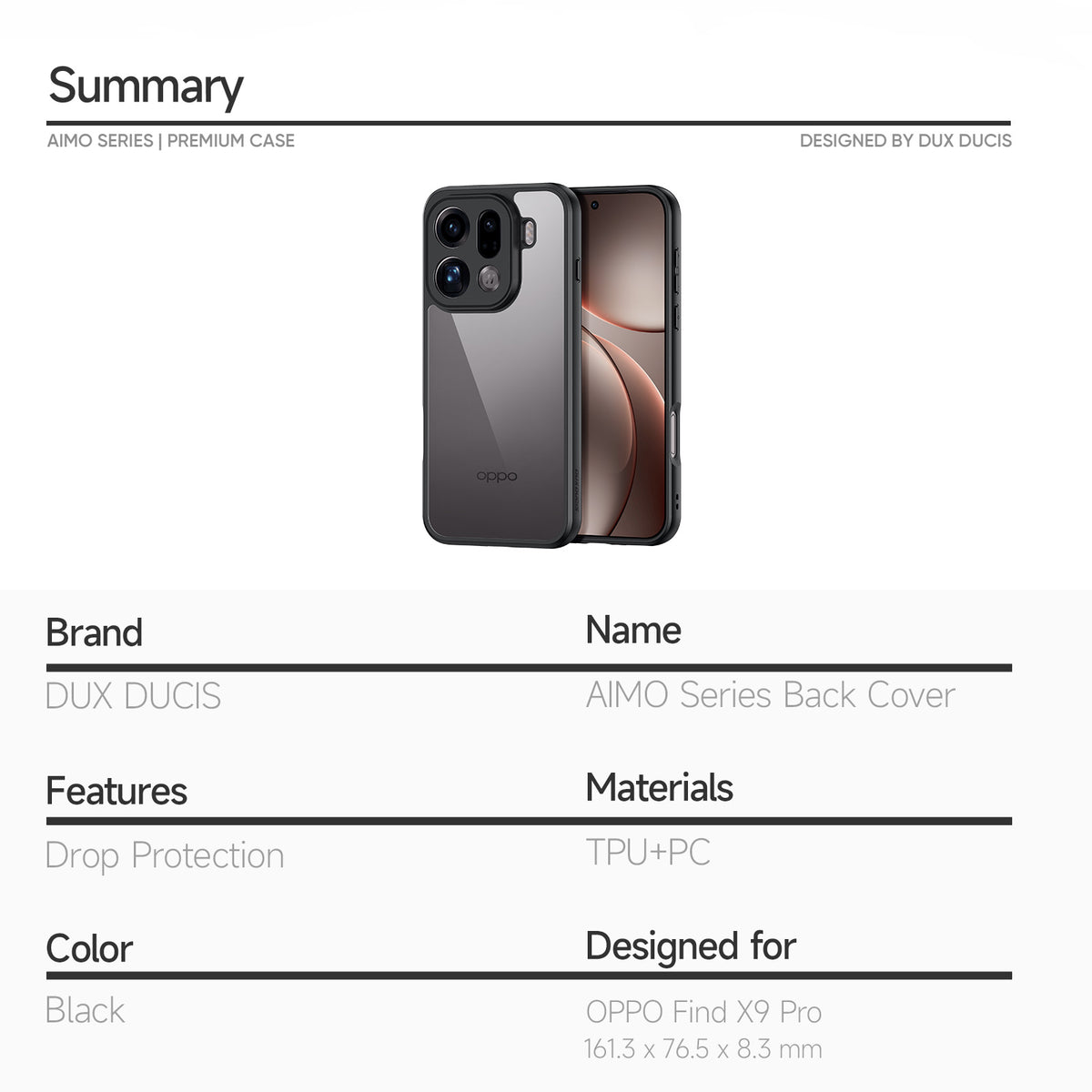 DUX DUCIS for Oppo Find X9 Pro 5G Aimo Series PC + TPU Clear Back Phone Cover (REACH Certification)
