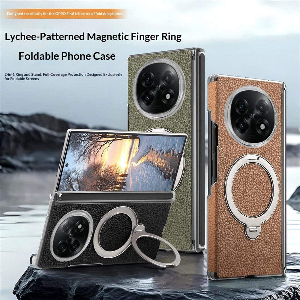 For Oppo Find N5 5G Case Magnetic Rotatable Kickstand Lychee-textured Hinge Protection Phone Cover