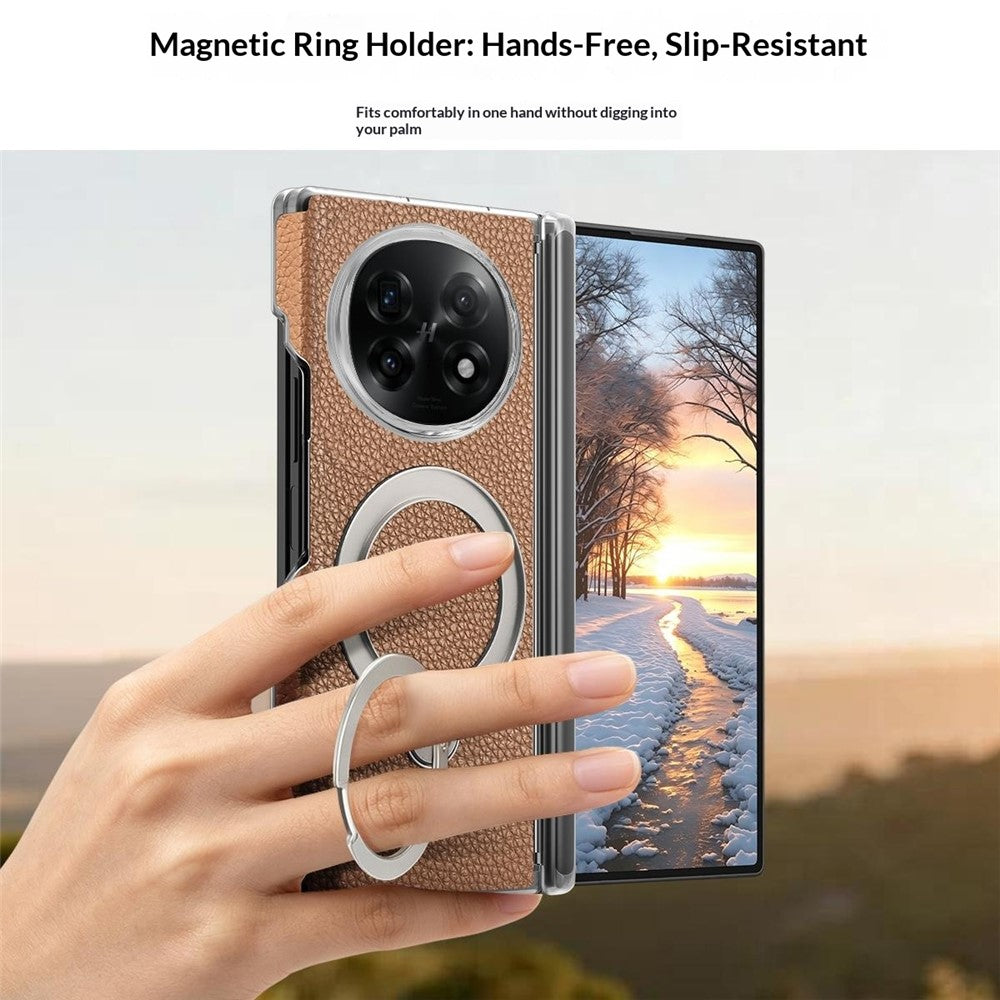 For Oppo Find N5 5G Case Magnetic Rotatable Kickstand Lychee-textured Hinge Protection Phone Cover