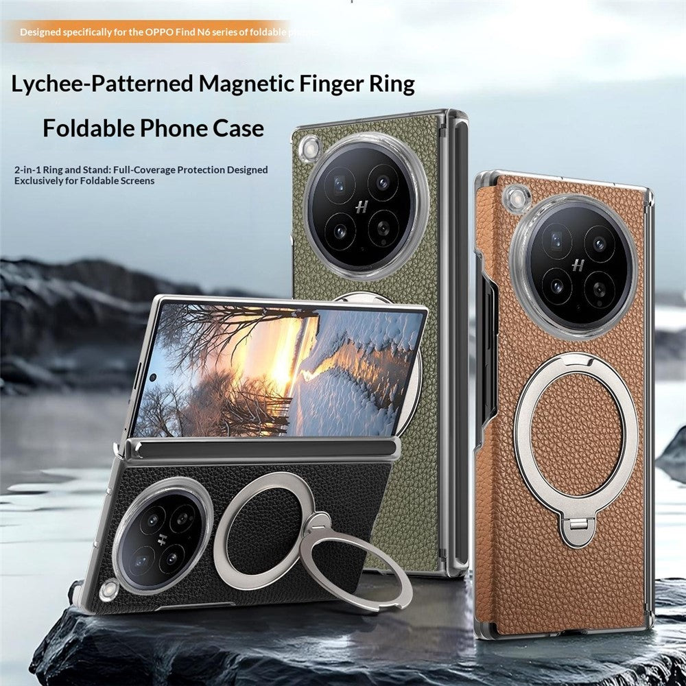 For Oppo Find N6 5G Case Magnetic Rotatable Kickstand Lychee-textured Hinge Protection Phone Cover
