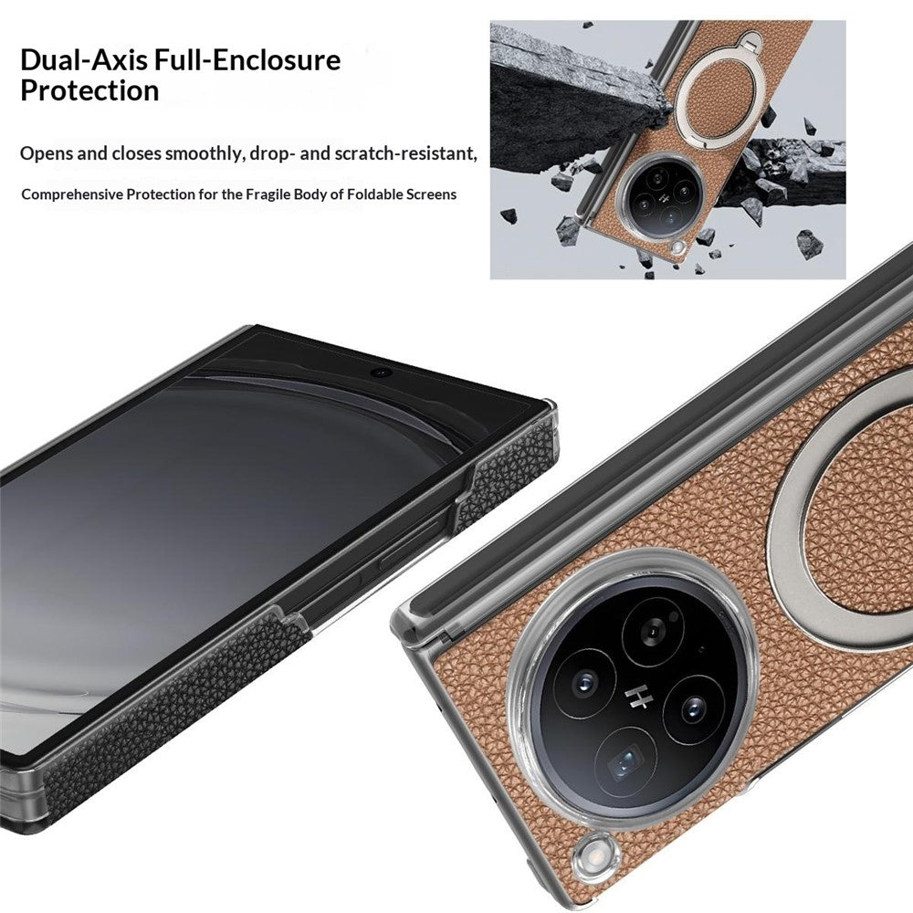 For Oppo Find N6 5G Case Magnetic Rotatable Kickstand Lychee-textured Hinge Protection Phone Cover