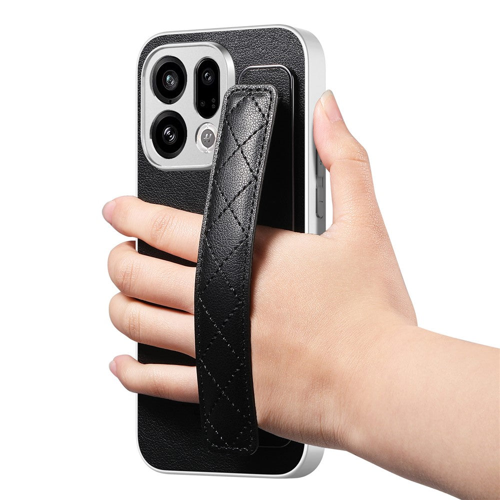 For Oppo Find X9 5G Case PU Leather Coated PC + TPU Protective Phone Cover with Quilted Wrist Strap