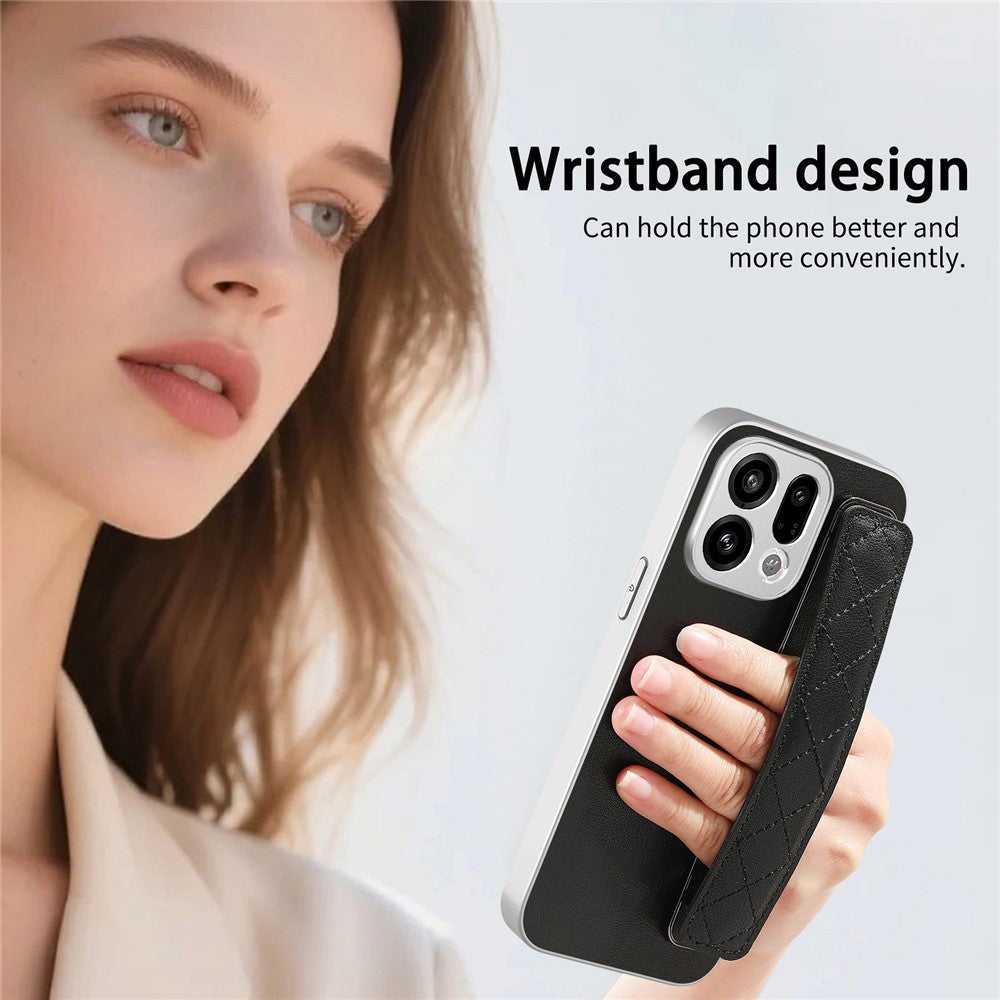 For Oppo Find X9 5G Case PU Leather Coated PC + TPU Protective Phone Cover with Quilted Wrist Strap