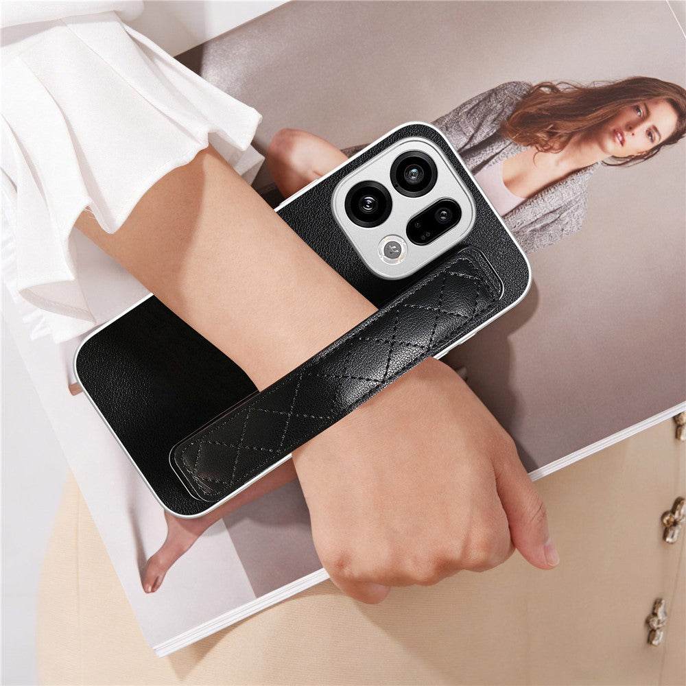 For Oppo Find X9 5G Case PU Leather Coated PC + TPU Protective Phone Cover with Quilted Wrist Strap