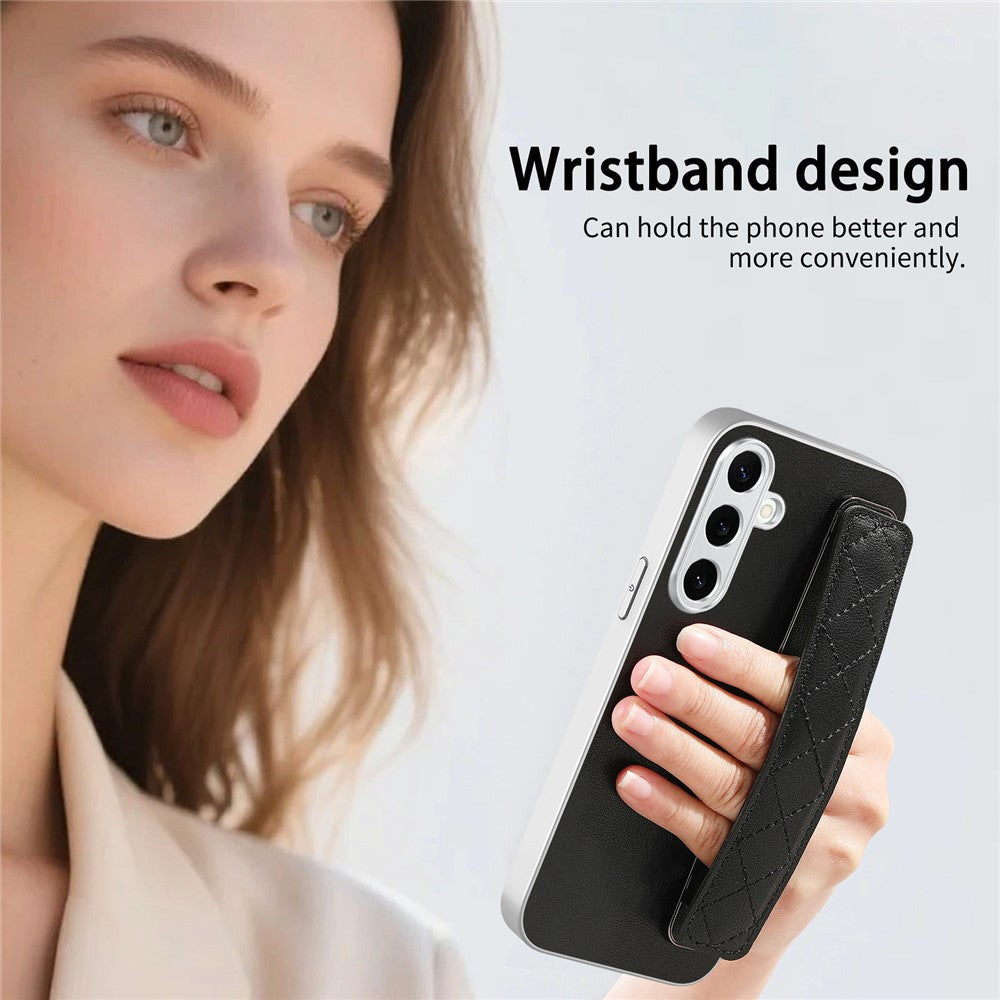 For Samsung Galaxy S25+ Case PU Leather Coated PC + TPU Protective Phone Cover with Quilted Wrist Strap
