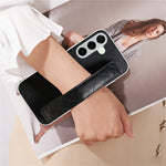 For Samsung Galaxy S25+ Case PU Leather Coated PC + TPU Protective Phone Cover with Quilted Wrist Strap