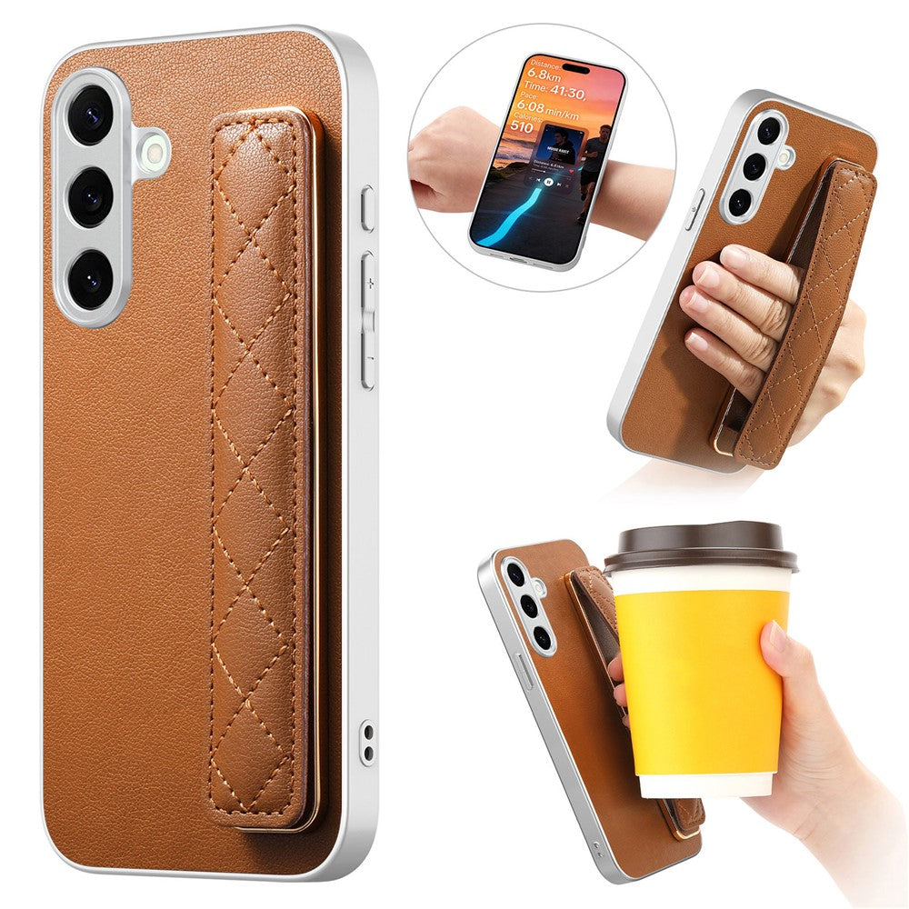For Samsung Galaxy S25+ Case PU Leather Coated PC + TPU Protective Phone Cover with Quilted Wrist Strap