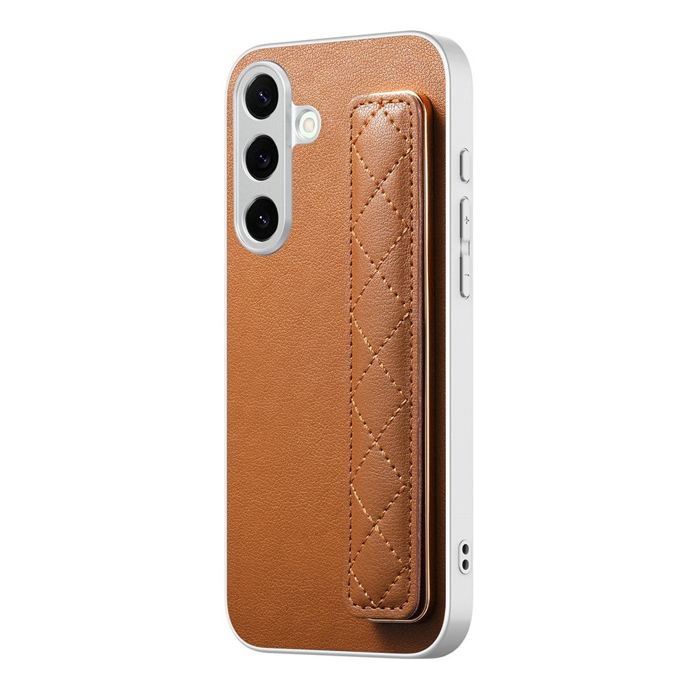 For Samsung Galaxy S25 Case PU Leather Coated PC + TPU Protective Phone Cover with Quilted Wrist Strap