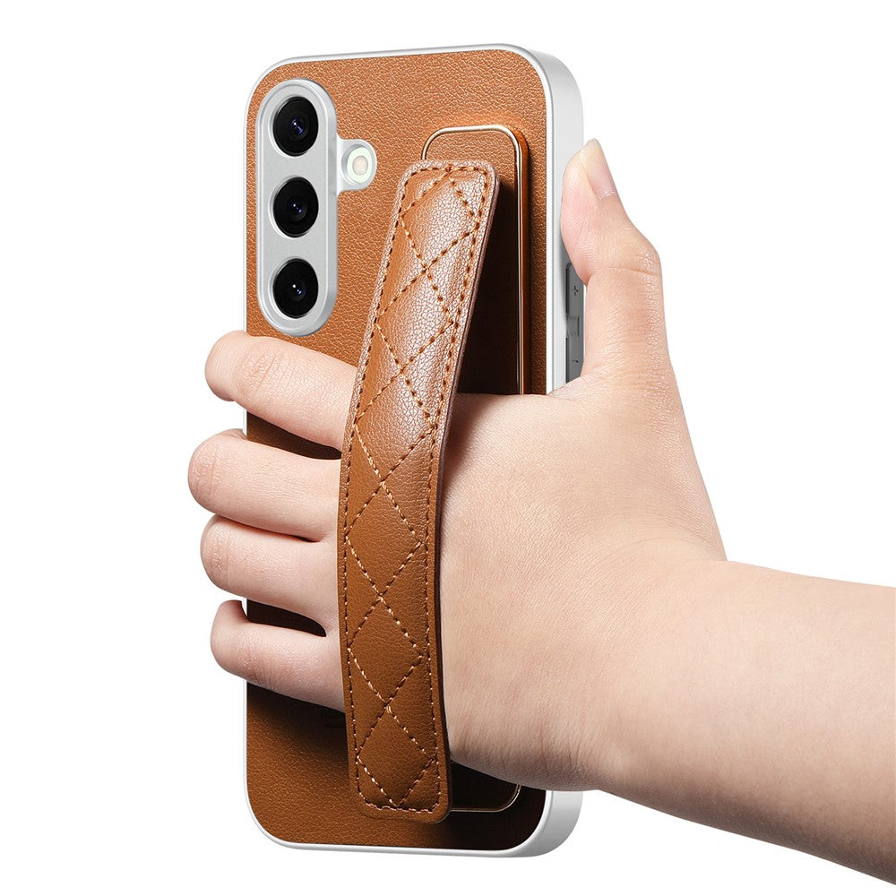 Samsung Galaxy S25-skal i PU-läder med PC + TPU-skydd och vadderat handledsrem