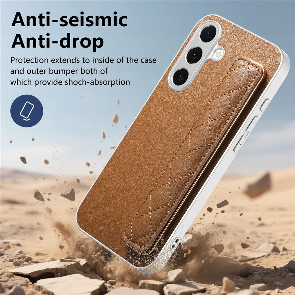 Samsung Galaxy S25-skal i PU-läder med PC + TPU-skydd och vadderat handledsrem