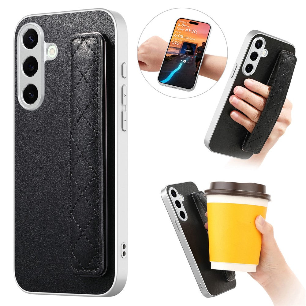 For Samsung Galaxy S24 Case PU Leather Coated PC + TPU Protective Phone Cover with Quilted Wrist Strap
