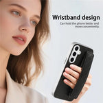 For Samsung Galaxy S24 Case PU Leather Coated PC + TPU Protective Phone Cover with Quilted Wrist Strap
